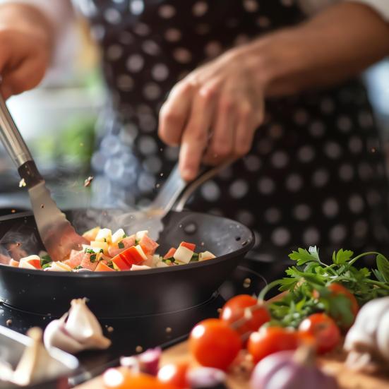 En person, der laver mad i en stegepande. Rundt om er der friske grøntsager.