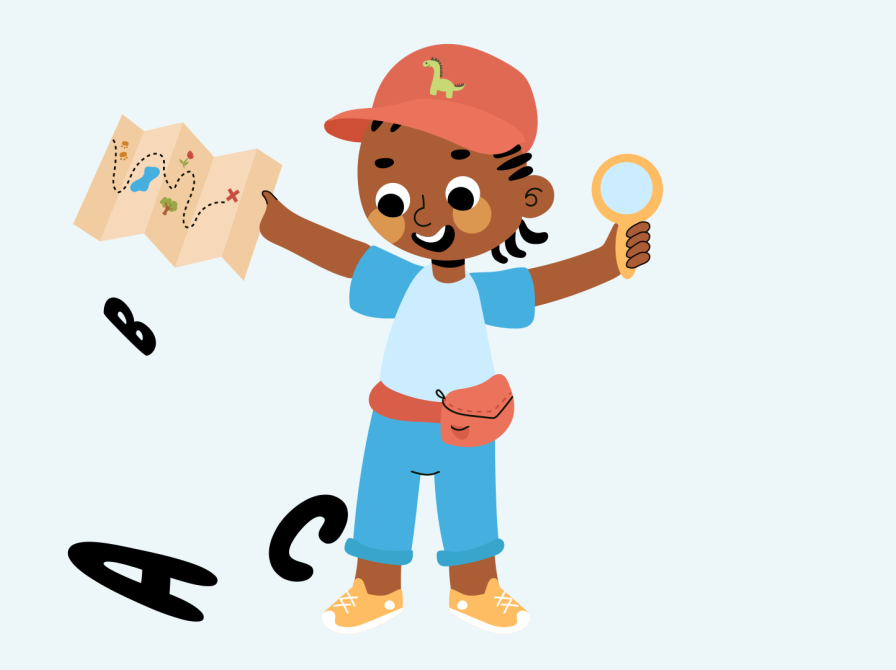 Tegning af en dreng med rød kasket og et skattekort og en lup i hånden. 